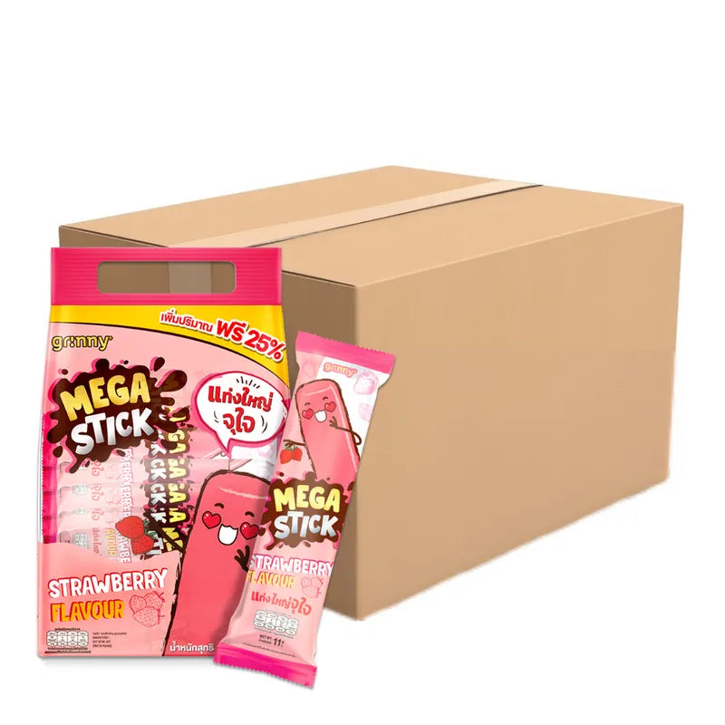 Grinny strawberry-flavored corn snack in 11g packs, shown in a colorful, resealable bag for dry grocery snack category.