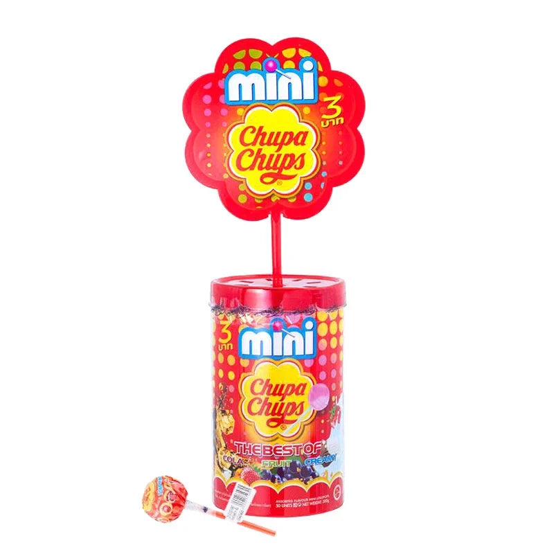 Chupa Chups Mini 6g candies, colorful confectionery snacks, displayed in a clear container, featuring the iconic Chupa Chups branding.