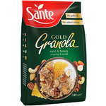Sante Granola Gold Nuts & Honey in a clear bowl, featuring golden granola with nuts and honey drizzle, on a white background.