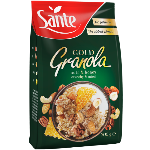 Sante Granola Gold Nuts & Honey in a clear bowl, featuring golden granola with nuts and honey drizzle, on a white background.