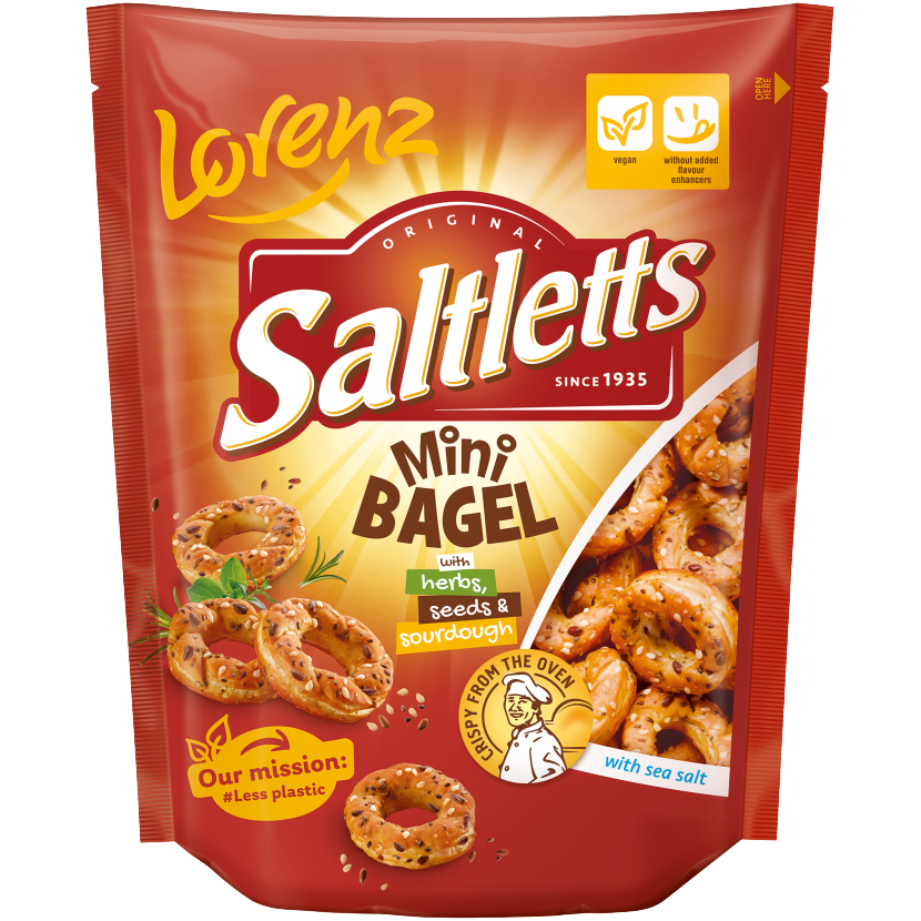 Lorenz Saltletts mini bagel snacks in a clear bag, showing crispy, salted mini bagels perfect for snacking.