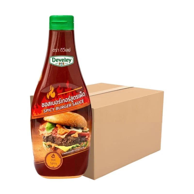 Develey Spicy Burger Sauce bottle, dry grocery product with vibrant label, perfect for adding heat and flavor to burgers.