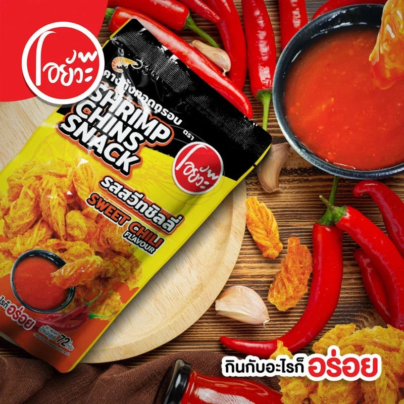 O-YUA crispy fried shrimp snack with sweet chili flavor, shown in a close-up image of the crunchy coated shrimp.