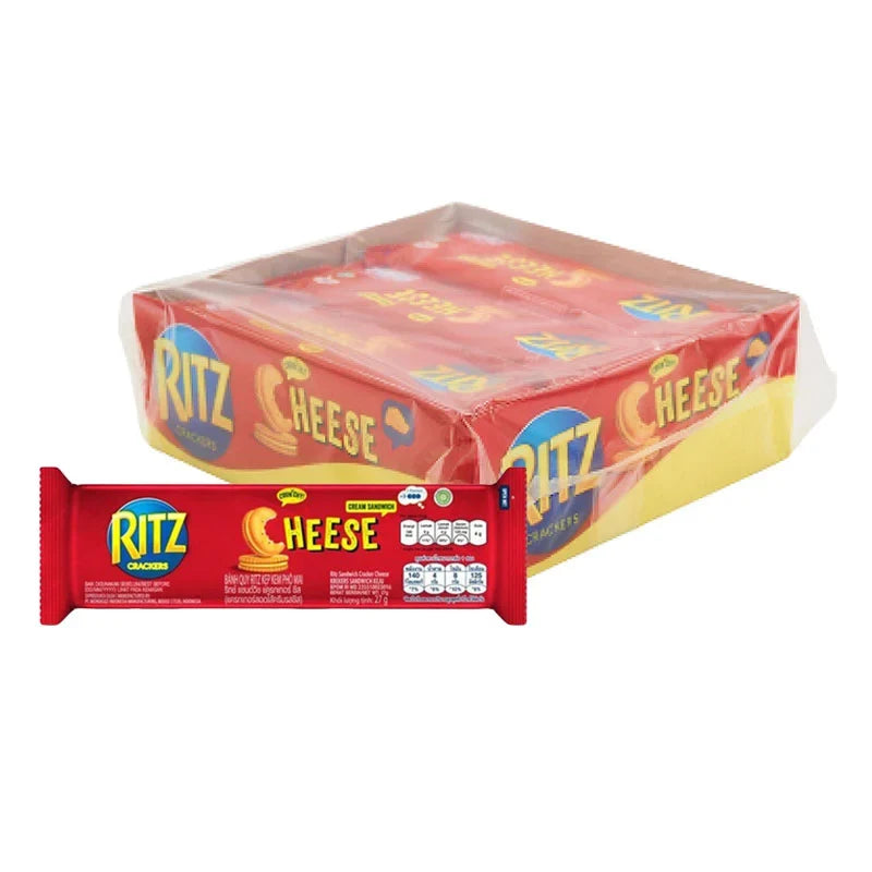 RITZ Cheese Crackers 27g pack, crispy snack with cheese flavor, displayed in a row, ideal for dry grocery and snack lovers.