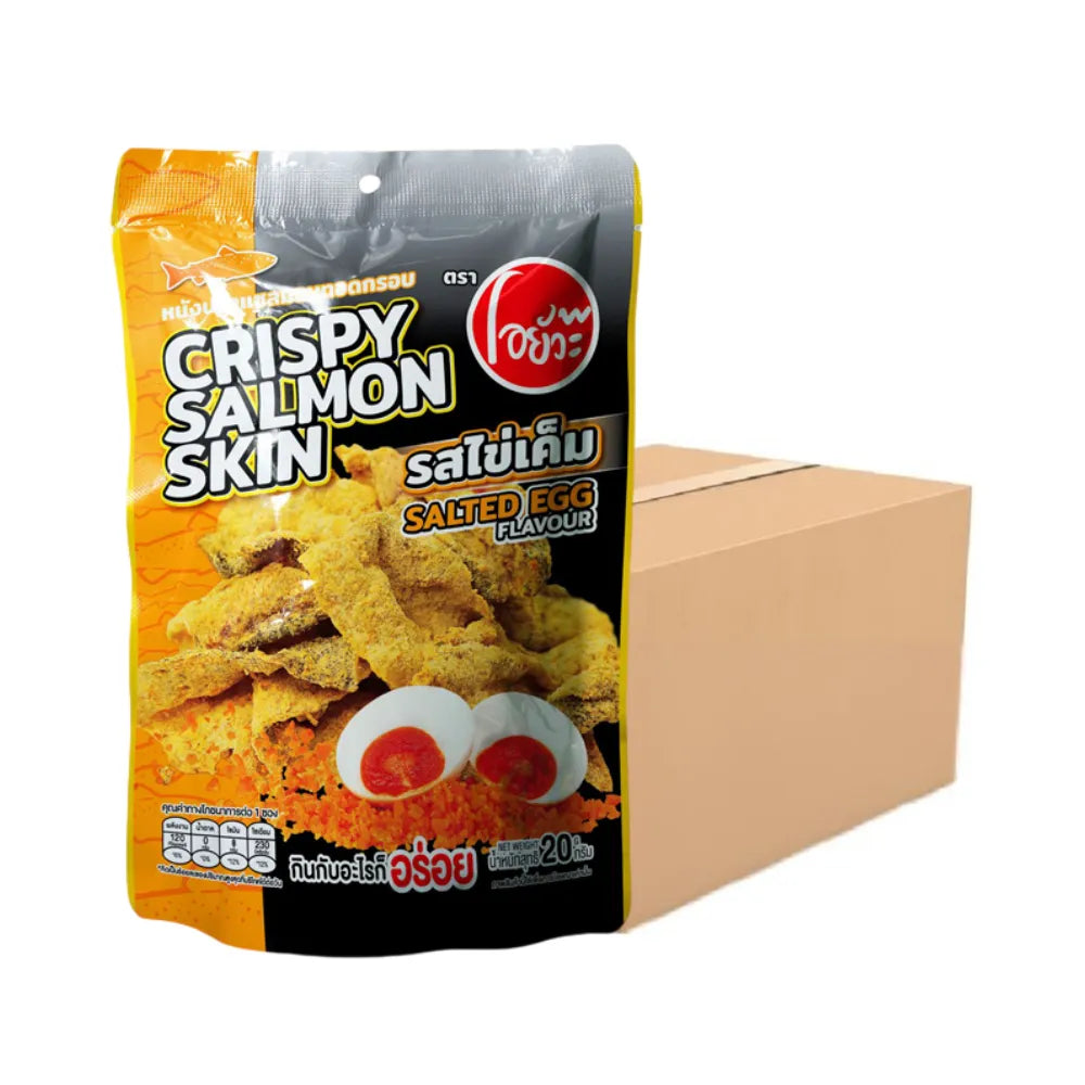 O-YUA Crispy Salmon Skin Snacks with salted egg flavor, 20g per box, showing crispy salmon skin pieces in a snack package.