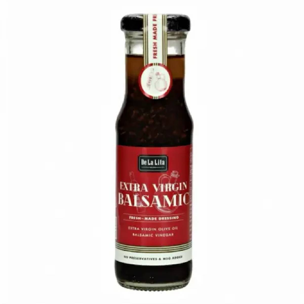De La Lita Extra Virgin Balsamic vinegar bottle for salads and cooking, with a dark, glossy liquid visible through the glass.