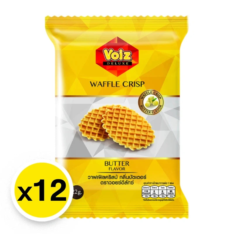 VOIZ Voiz Waffle Crisp Butter snack pack, 22g x12, crispy waffle confections perfect for quick snack enjoyment