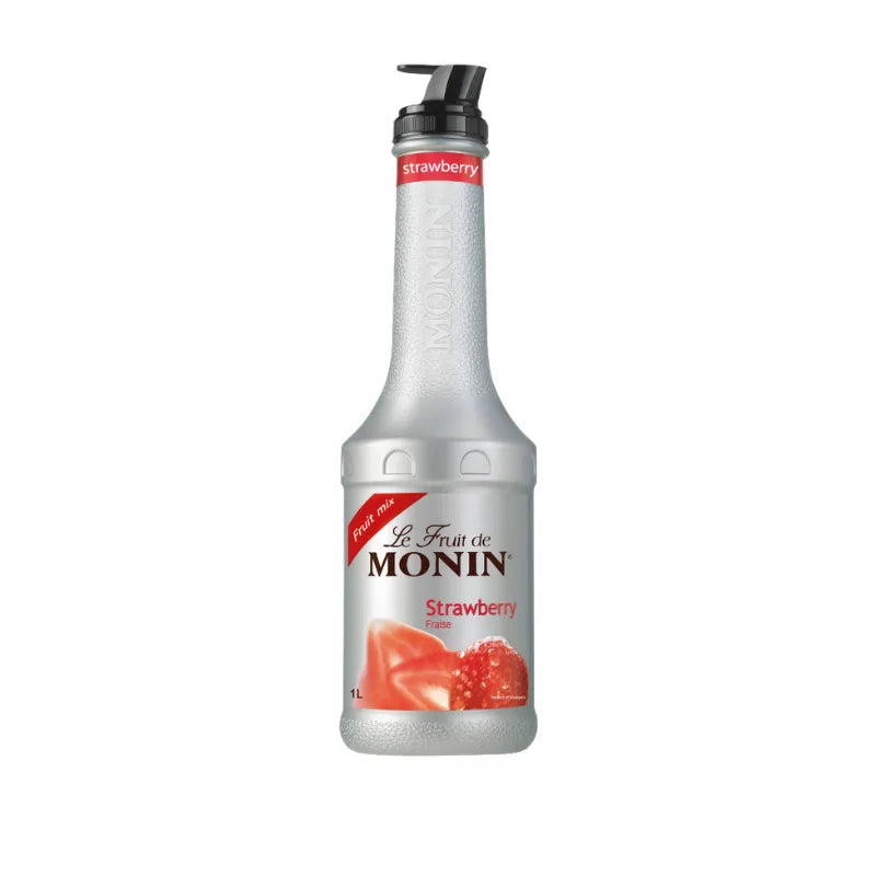 Bottle of MONIN Strawberry Fruitmix 1000ml for dry grocery, featuring a colorful label with strawberries and fruit illustrations.