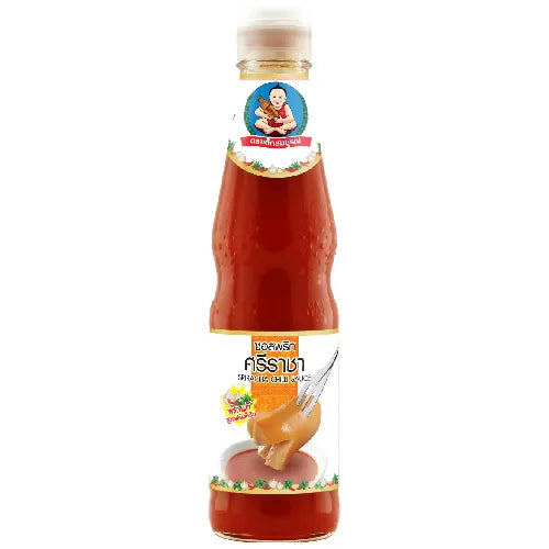 Deksomboon Sriracha Chili Sauce 350g bottle from dry grocery section, spicy Thai chili sauce with red pepper and garlic.