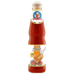 Deksomboon Sriracha Chili Sauce 350g bottle from dry grocery section, spicy Thai chili sauce with red pepper and garlic.