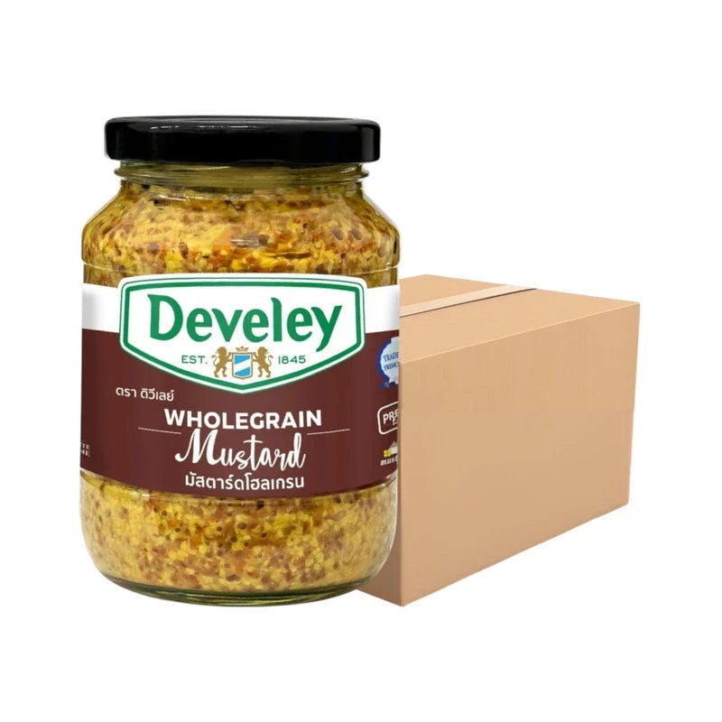 Three Develey Wholegrain Mustard bottles in 320g size, showing labels and caps on a white background.
