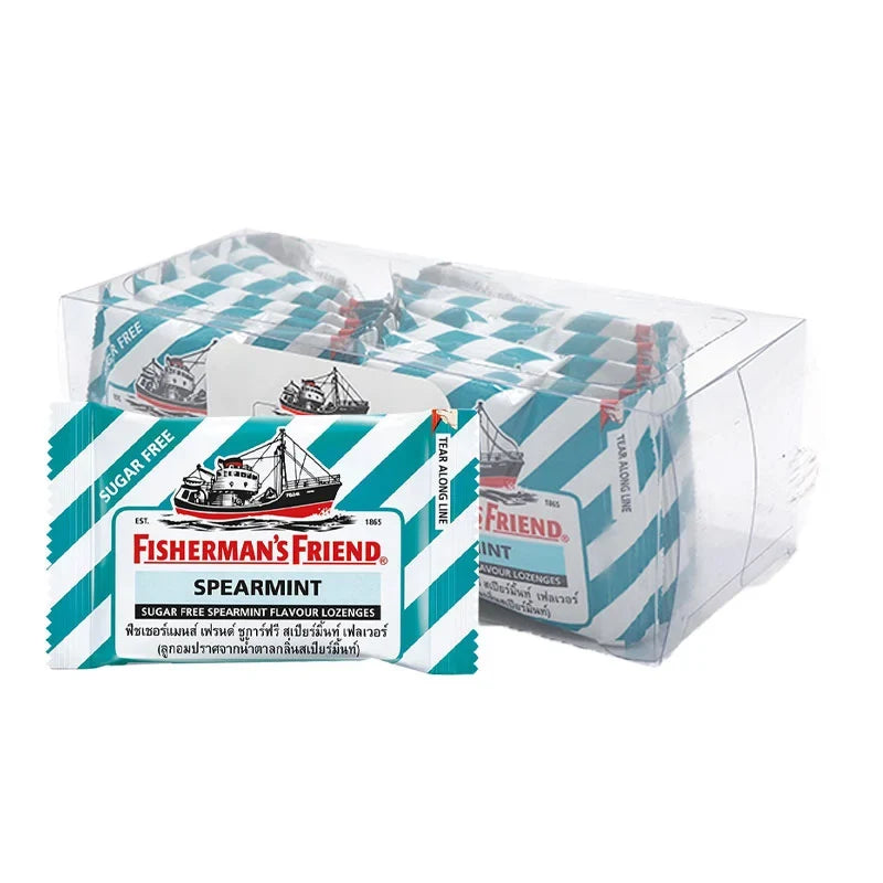 Fisherman's Friend Spear Mint Lozenges in a box, popular dry grocery snack, featuring refreshing mint flavor from the FISHERMAN'S FRIEND brand