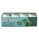 CLORETS Mini Mint chewing gum pack with 12 individual 11.2g packs, featuring fresh mint flavor in a colorful package.
