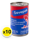 Canned Savepak mackerel in tomato sauce, 155g per can, stacked in a box for dry grocery shopping.