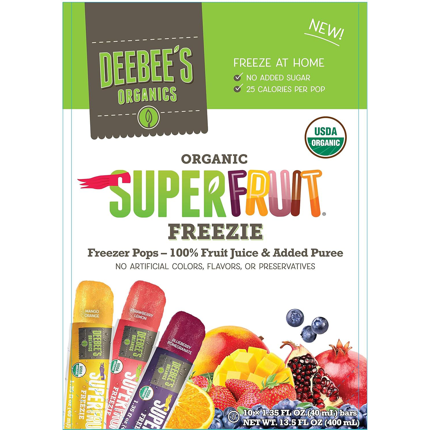 Deebees Organic Super Fruit Freezie confectionery snack with colorful frozen fruit-flavored ice treat on a stick.