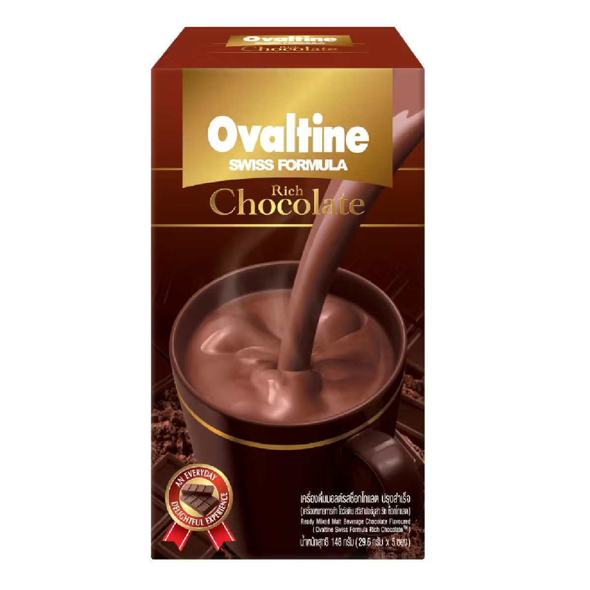 Ovaltine Swiss Rich Chocolate drink in a glass, showing the creamy chocolate beverage with a frothy top.