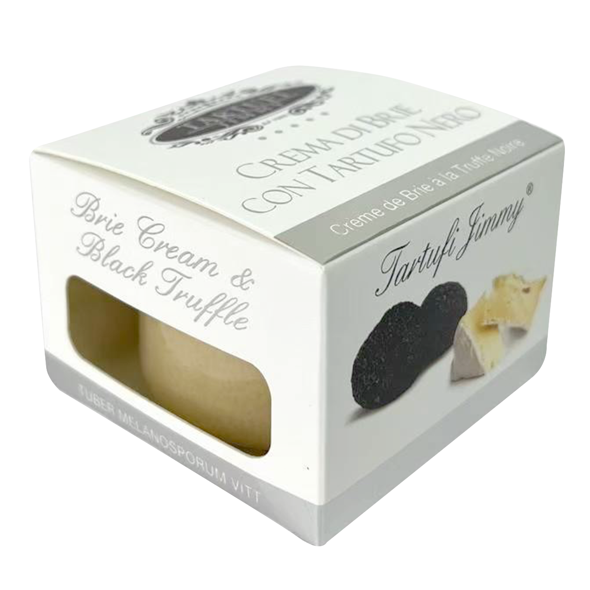Creamy Tartufi Jimmy Brie with black truffle in a jar, showcasing smooth texture and black truffle pieces visible inside.