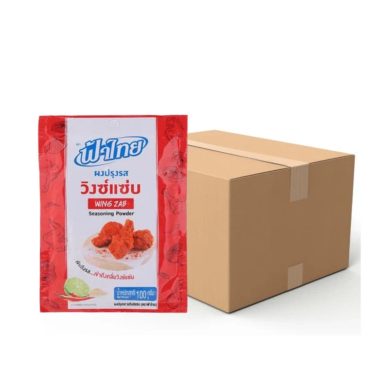 Fathai Wing Zab seasoning powder in 100g packet, shown in a box containing 24 packs, used for enhancing dishes in dry grocery.