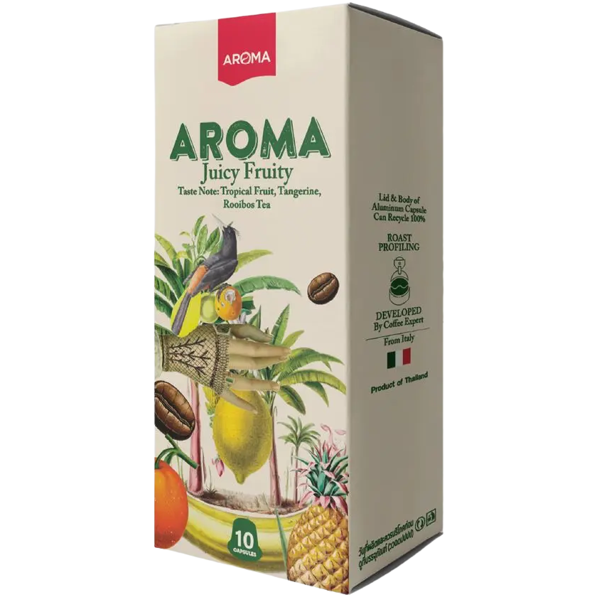Aroma Juicy Friuty capsule for drink, showing colorful capsules with fruity flavor labels in a clear container.