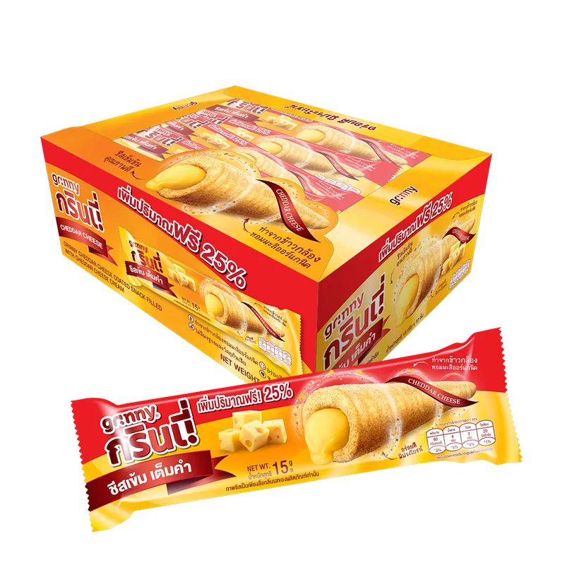 Three GRINNY Cheddar Cheese Coated Snacks filled with cream, 15g each, showcasing crispy cheese coating and creamy filling.