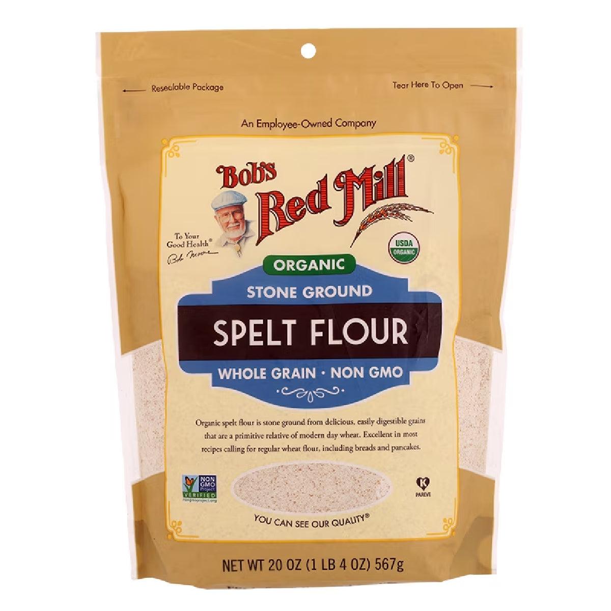 Bag of Bob's Red Mill Spelt Flour showing the label and packaging for baking and cooking use.