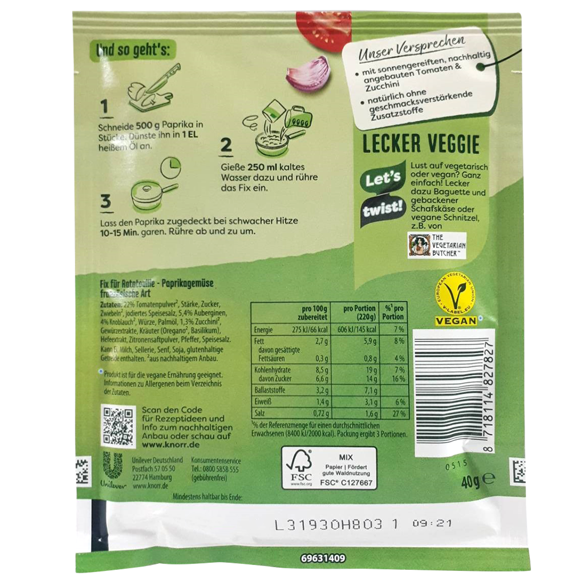 Knorr Fix Ratatouille Sauce packet, ready-to-use grocery product with colorful vegetable ingredients on the packaging