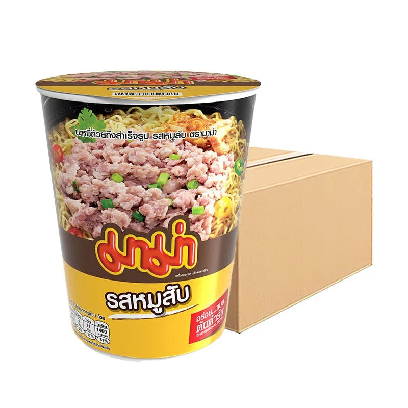 Mama Cup Instant Noodles with Minced Pork, 60g, dry grocery product, showing the instant noodle cup with noodles and minced pork topping.