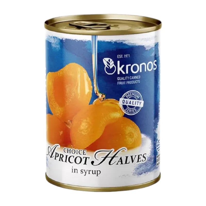 Cans of Kronos Apricot Halves in Syrup, a dry grocery item, showing the apricot halves in syrup inside the can.