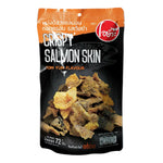 O-yua Crispy Fried Salmon Skin Snacks in Tom Yum Goong flavor, 72g, showcasing golden, crunchy salmon skin with flavorful seasoning