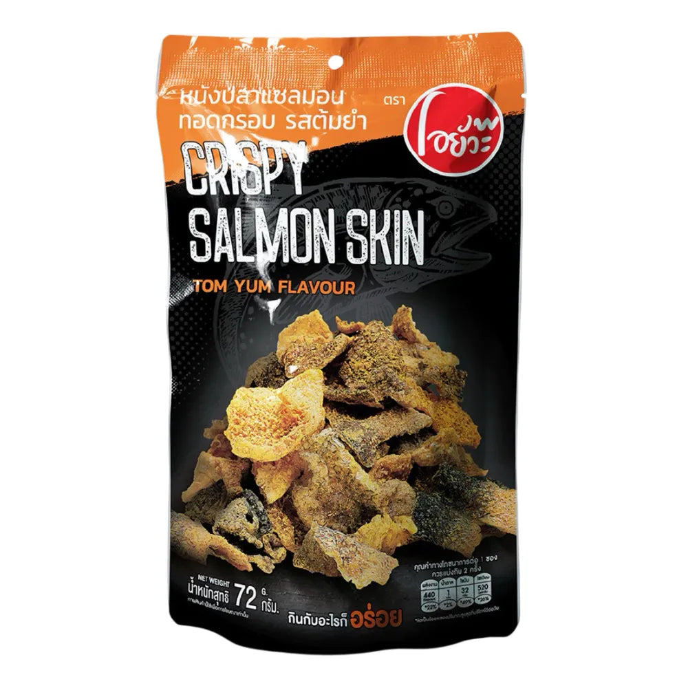 O-yua Crispy Fried Salmon Skin Snacks in Tom Yum Goong flavor, 72g, showcasing golden, crunchy salmon skin with flavorful seasoning