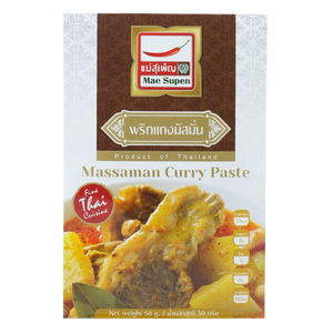 Mae Supen Massaman Curry Paste in a jar, traditional Thai grocery product with rich, aromatic flavor for cooking flavorful Massaman curry.