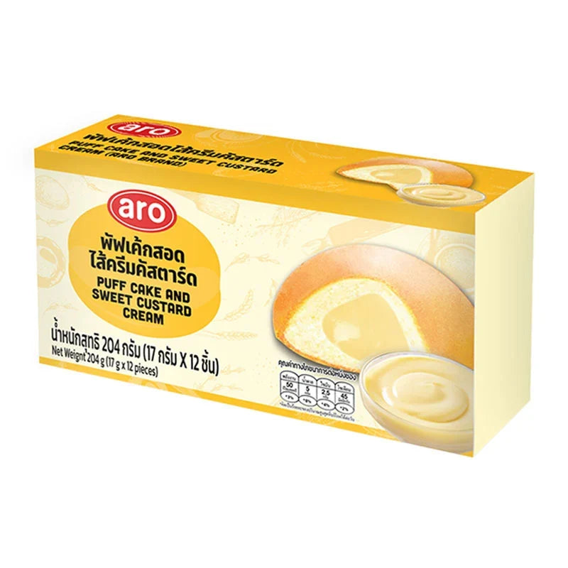 ARO Puff Cake filled with sweet custard, 17g each, shown in a pack of 12, a delicious snack confectionery from ARO.