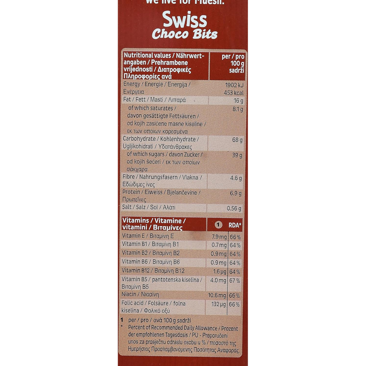 Familia Swiss Choco Bits in a clear container, small chocolate pieces ideal for baking or snacking.