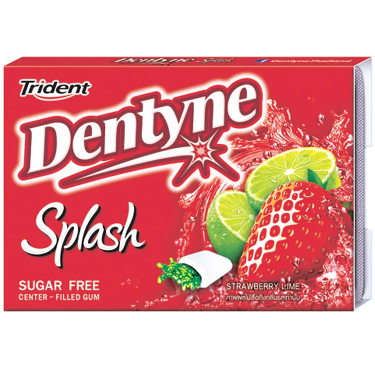 Dentyne Splash Strawberry gum in bright packaging, showcasing fresh strawberry-flavored chewing gum for confectionery snacking.