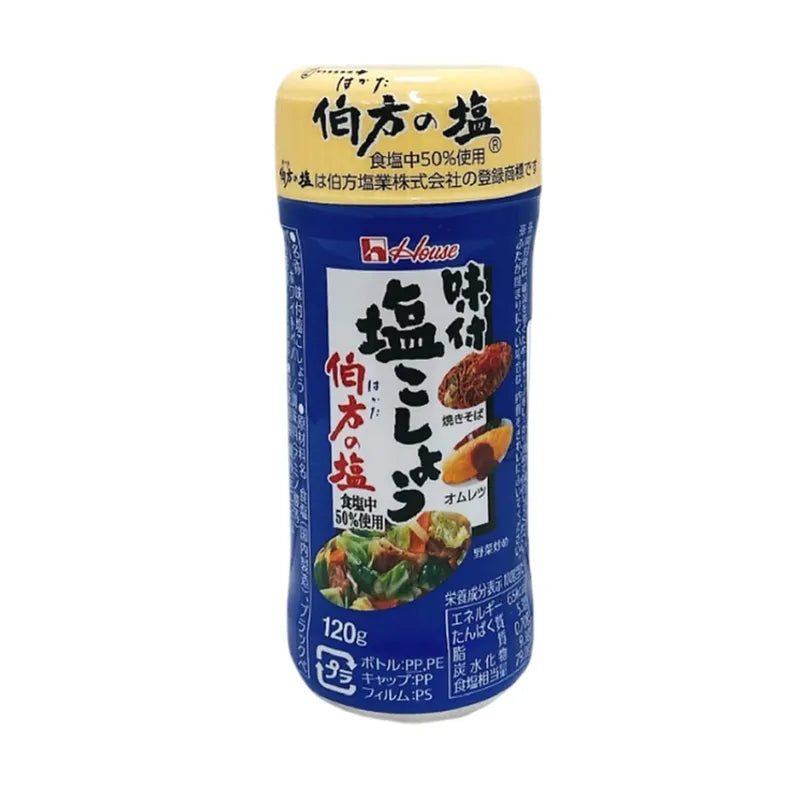 House Ajisuke Shio Kosho Hakata 120g dry grocery product featuring a small jar of seasoned salt and chili pepper blend.