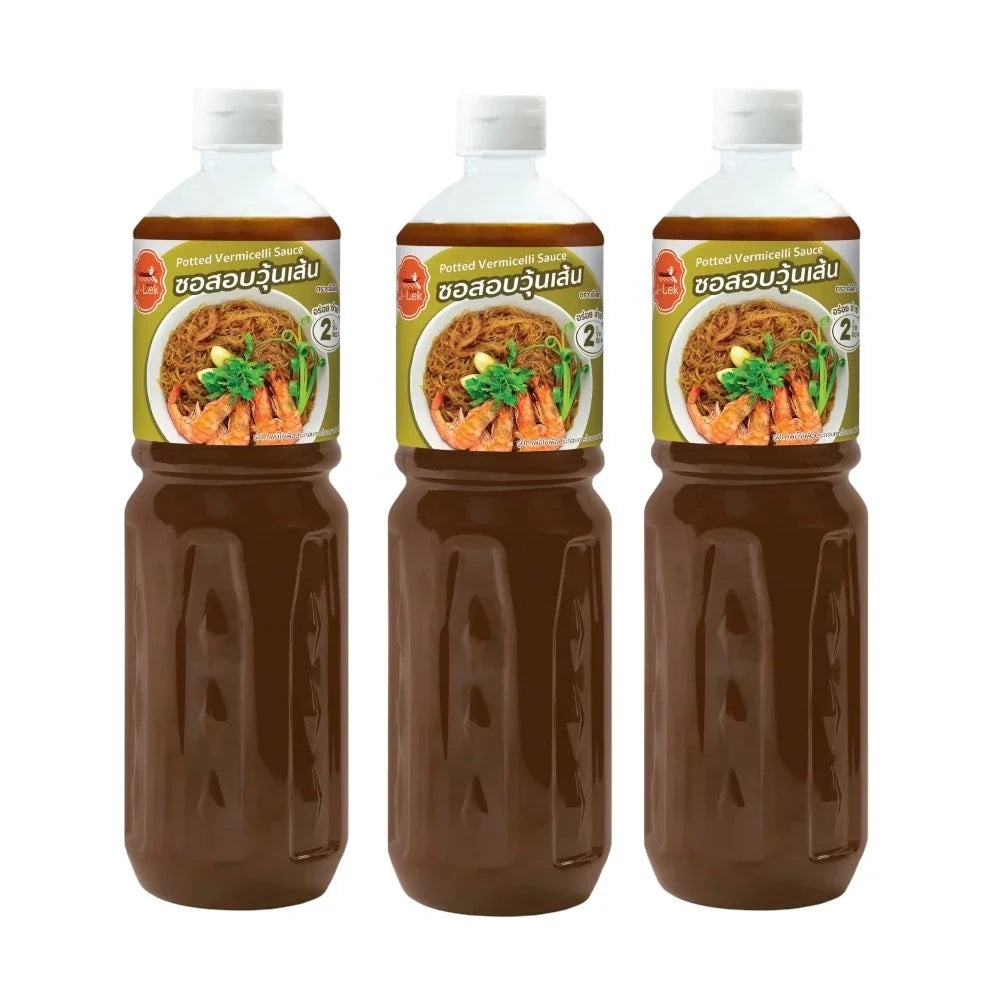 J-LEK Potted Vermicelli Sauce Bottles, 560g x3, in clear bottles with dark sauce, set on a kitchen countertop