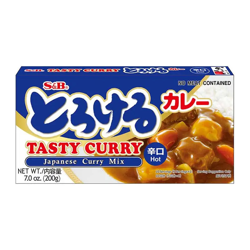 S&B Tasty Curry Japanese Mix Hot 200g dry grocery product with spicy curry seasoning in a colorful package