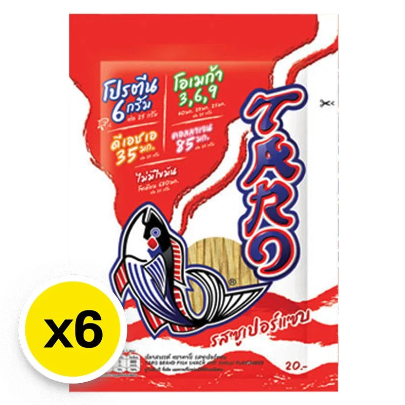 TARO Taro Fish Snack Supper 20g, dry grocery snack with dried fish pieces in a clear package, six packs included.