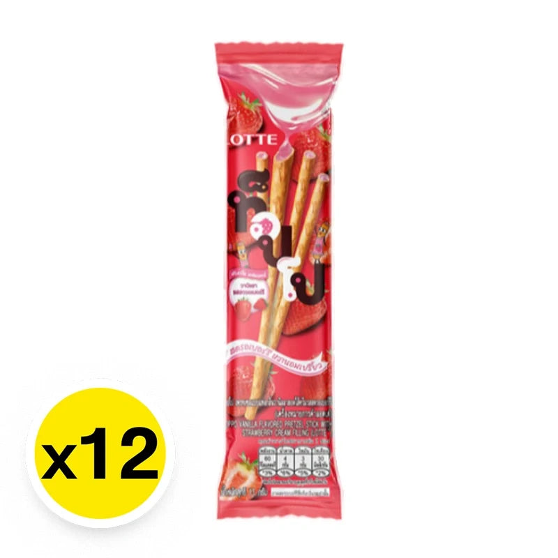 Toppo Pretzel Sticks with Strawberry Cream Filling, 11g snack packs from TOPPO, crispy pretzels with fruity strawberry filling.