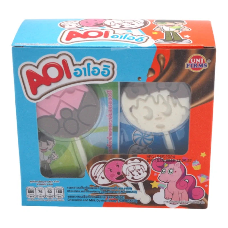 AOI chocolate with strawberry and milk confectionery, 12g dry grocery snack, showing the colorful chocolate piece with strawberry flavor
