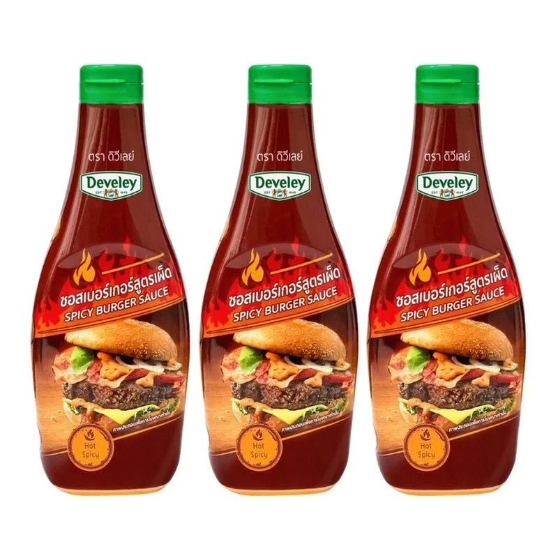 Develey Spicy Burger Sauce in a dry grocery packet, featuring vibrant packaging with bold red and yellow accents.