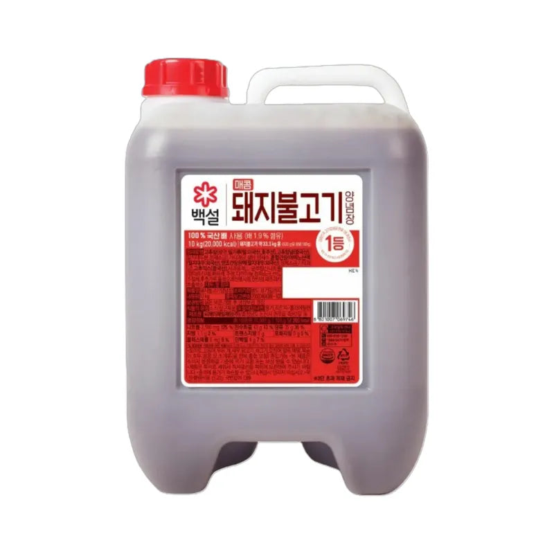 Beksul Spicy Bulgogi Sauce 10kg bottle, Korean dry grocery product with rich, spicy marinade for grilling and cooking.