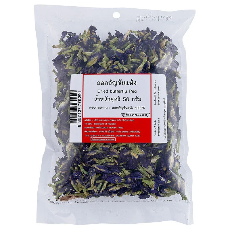 Makro dried butterfly pea flowers in a 50g package, vibrant blue petals for tea and culinary uses, from MAKRO dry grocery collection.