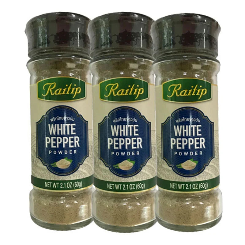 Raitip Pepper Powder 60g x3 packs, dry grocery item, showing three spice containers filled with ground black pepper from RAITIP brand.