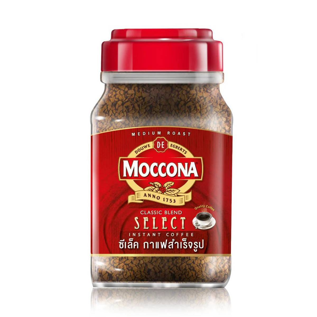 Moccona Select Coffee drink in a glass, showing rich coffee color and smooth texture, branded Moccona label visible.