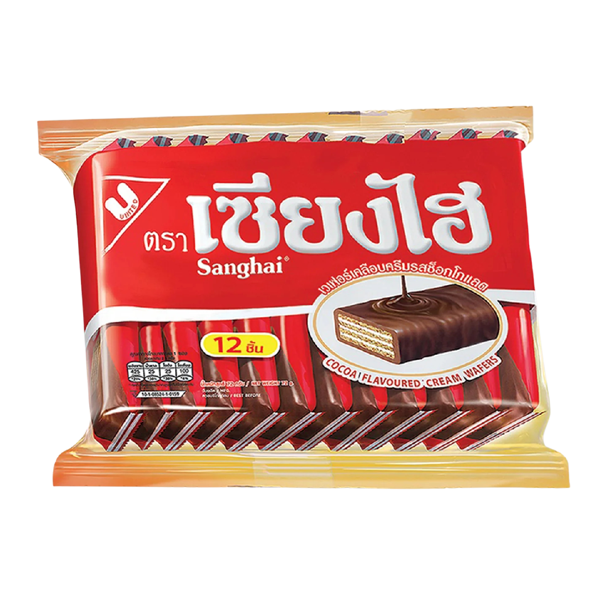 Sanghai Wafer Cocoa confectionery snack with crispy wafer layers and rich cocoa flavor, shown in the packaged snack image.