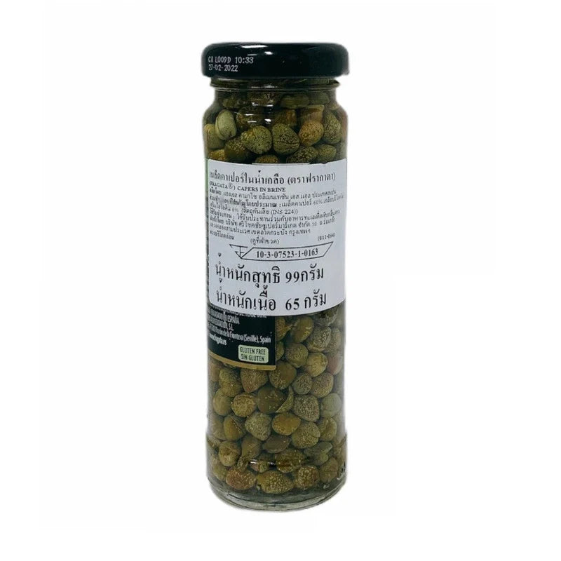 Fragata capers in brine jar, 99g, dry grocery product with green capers visible in a glass jar.