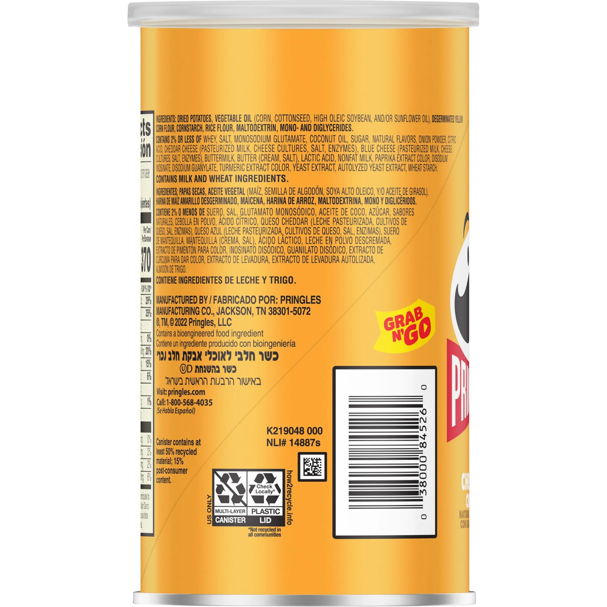 Pringles Cheddar Cheese flavored snack chips in a can, showing crispy, golden chips with cheddar seasoning.