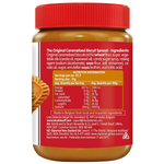 Jar of Lotus Biscoff Crunchy Spread with a spoonful on a white background, showcasing the creamy, crunchy texture.