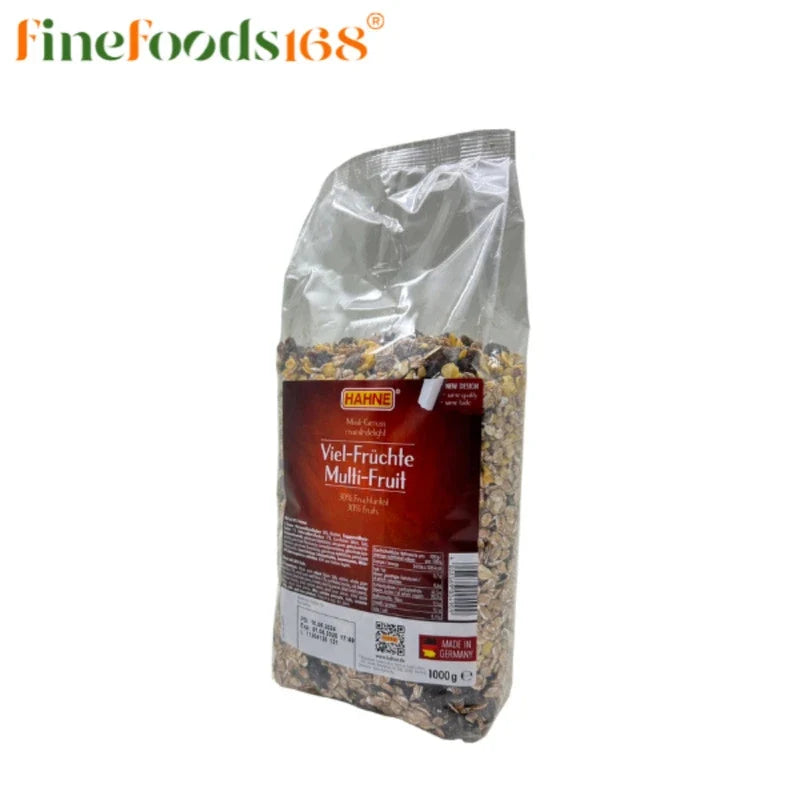 Hahne Fruit Muesli 1000g in a clear plastic bag with visible dried fruits and grains, ideal for breakfast or healthy snacks.